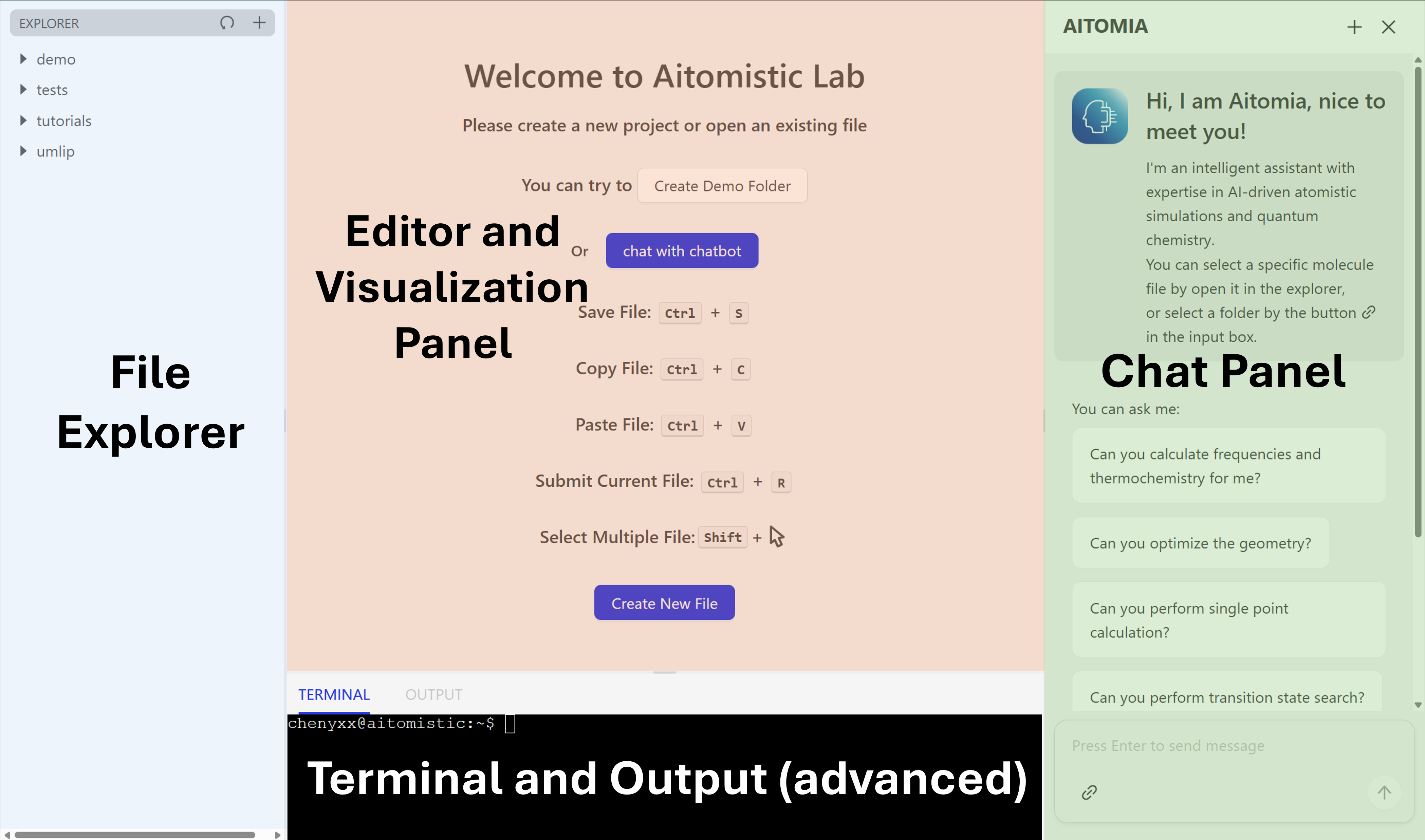 The core regions of the workspace on Aitomistic Hub