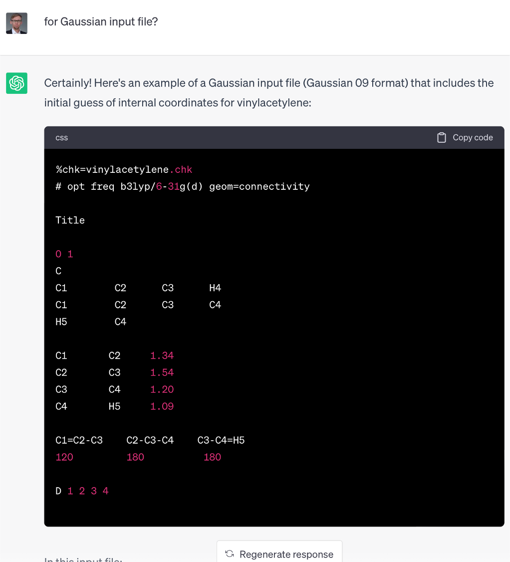 Vineylacetylene input file for the Gaussian program suggested by ChatGPT.